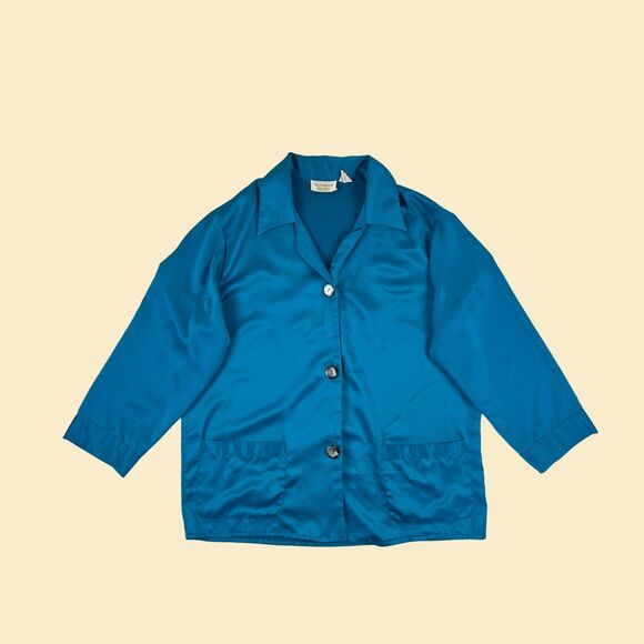 1990s S Victorias Secret Gold teal/blue top, vintage satin blue long sleeve top - Picture 2 of 9